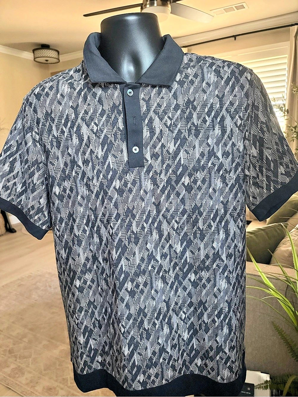 Alfani Novelty Polo Men's Geometric Polo Black & White Large SKU0142